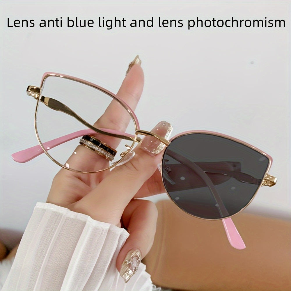 1 Pair Unisex Metal Cat Eye Glasses with Photochromic Lenses - Automatic UV Protection