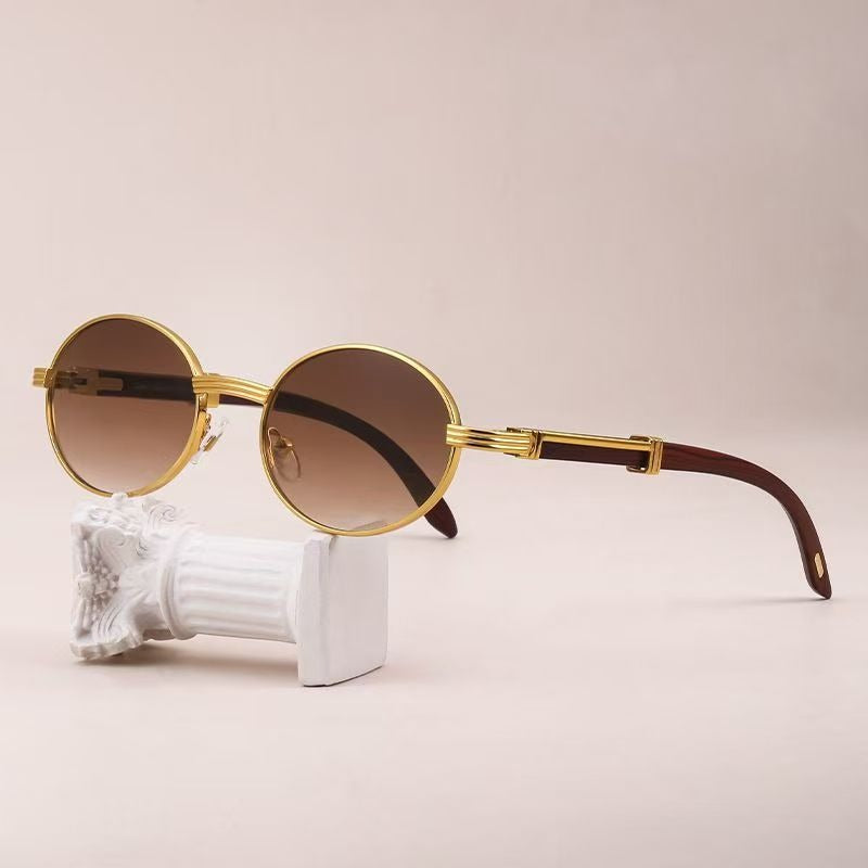 Women's Retro Oval Fashion Glasses with Stylish Wood Grain Arms