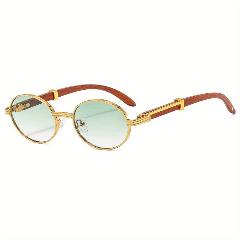 Women's Retro Oval Fashion Glasses with Stylish Wood Grain Arms