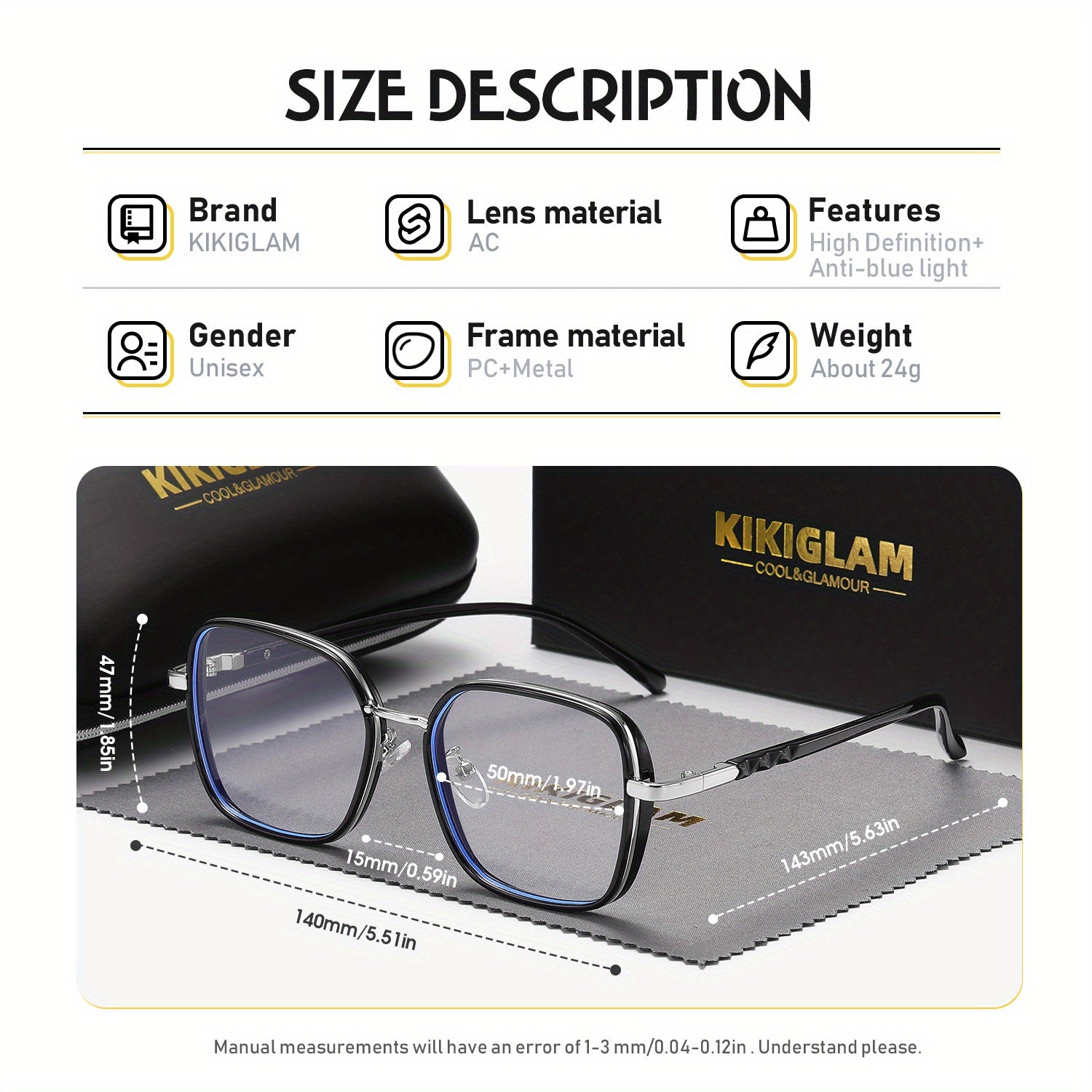KIKIGLAM Fashion Full-Frame Fashion Glasses with Anti-Blue Light Flat Lens
