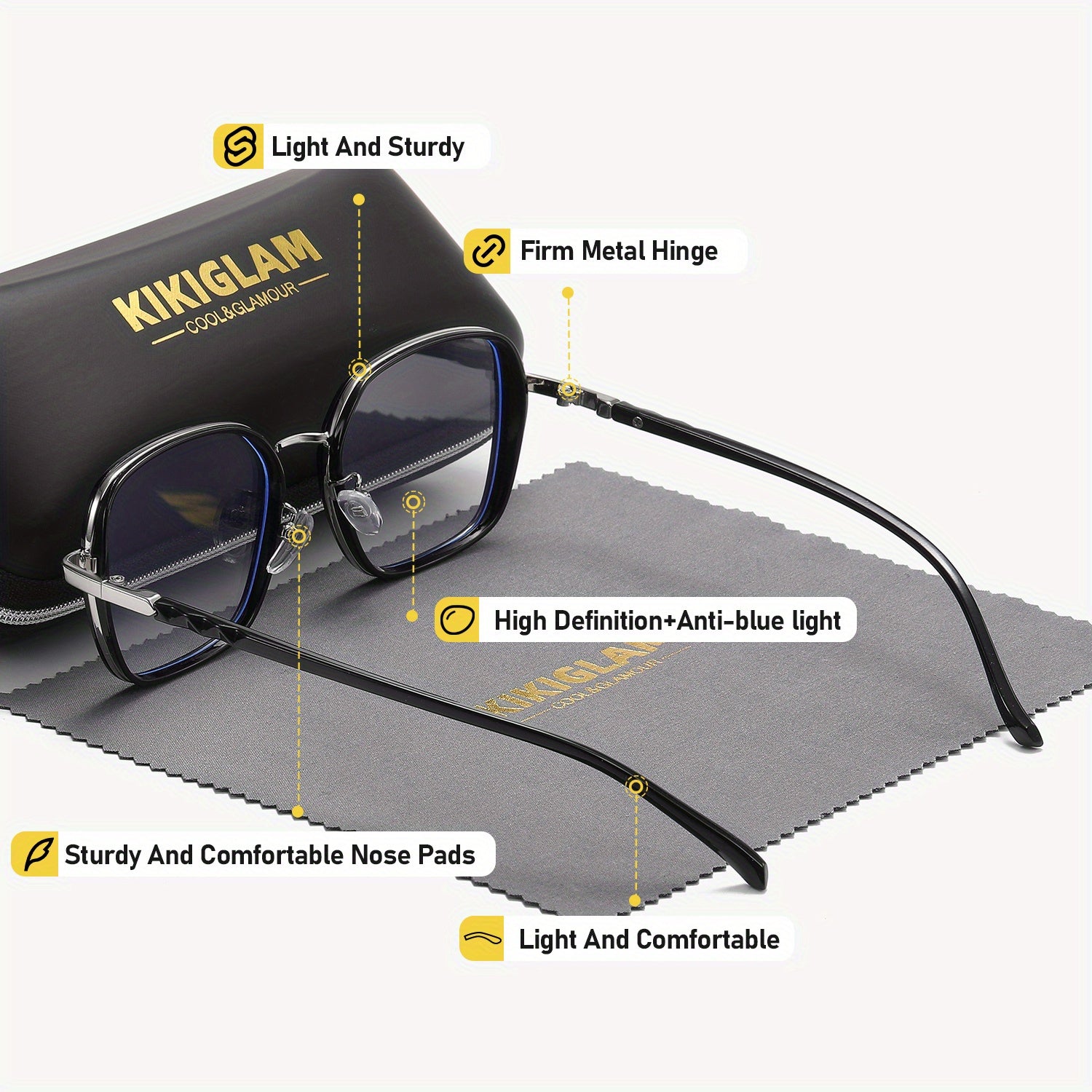 KIKIGLAM Fashion Full-Frame Fashion Glasses with Anti-Blue Light Flat Lens