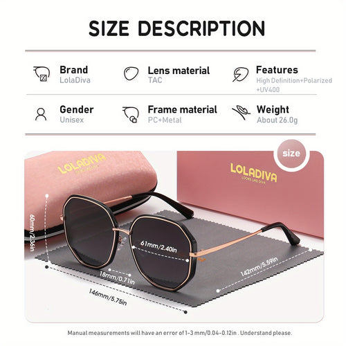 1 Pair LolaDiva UV400 Polarized Glasses, Casual Style, Zinc Alloy Frame, TAC Lens, with Case