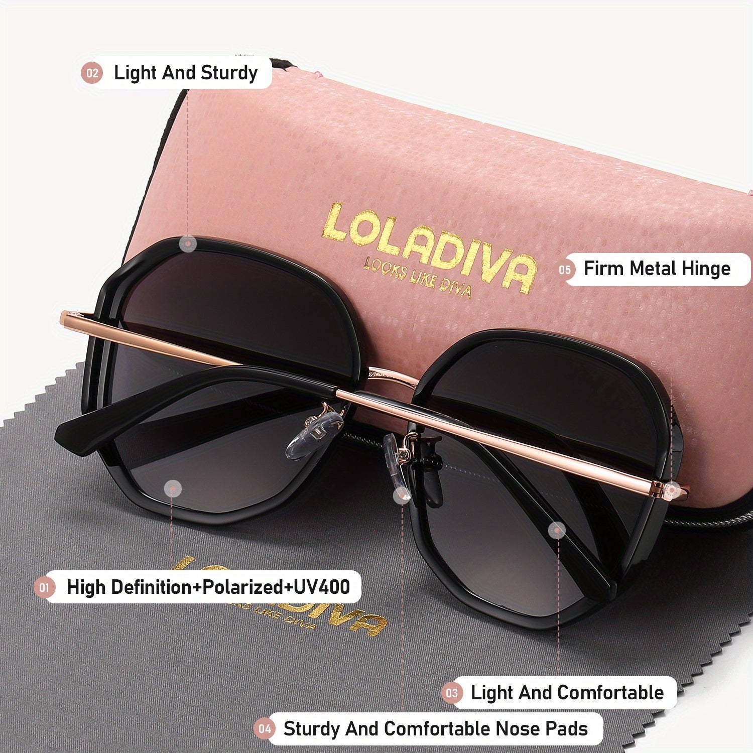 1 Pair LolaDiva UV400 Polarized Glasses, Casual Style, Zinc Alloy Frame, TAC Lens, with Case