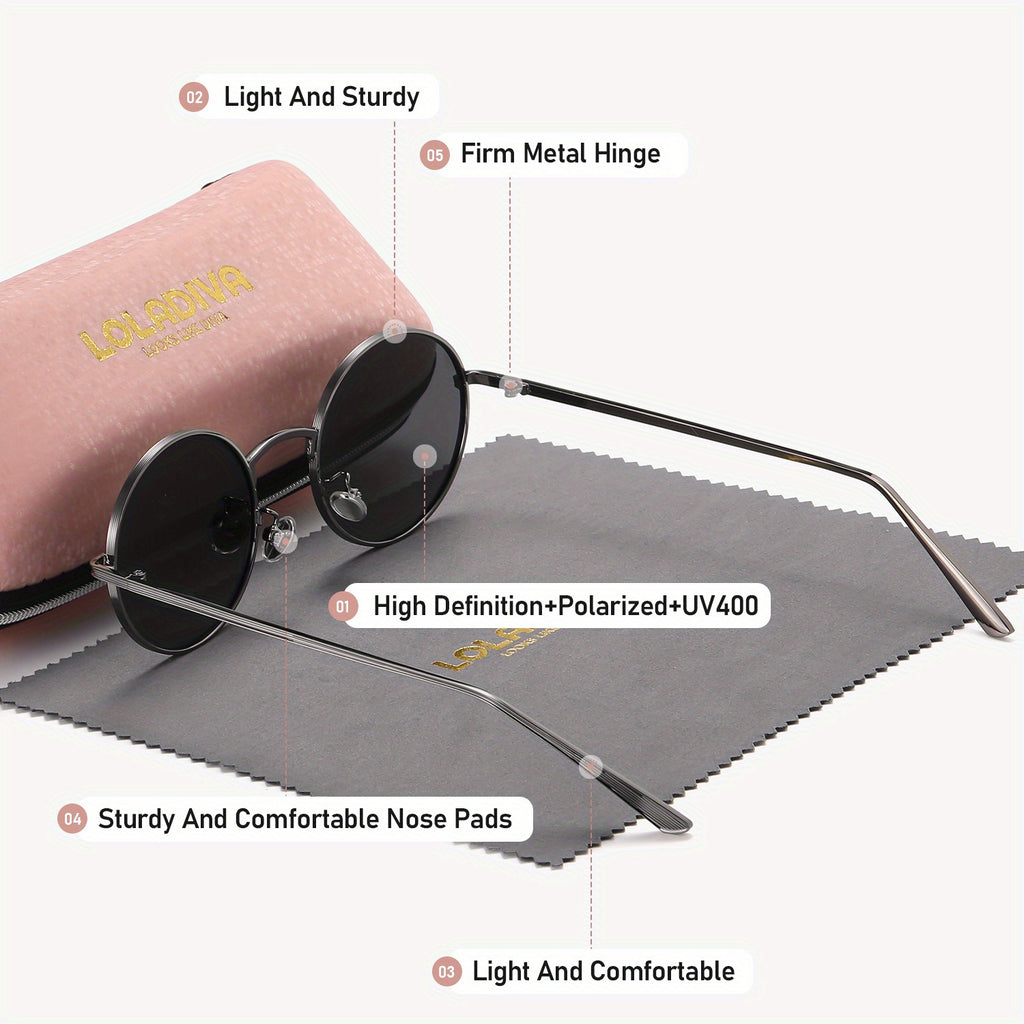 1 Pair LolaDiva UV400 Polarized Round Glasses, Full Frame TAC Lens, Zinc Alloy Frame