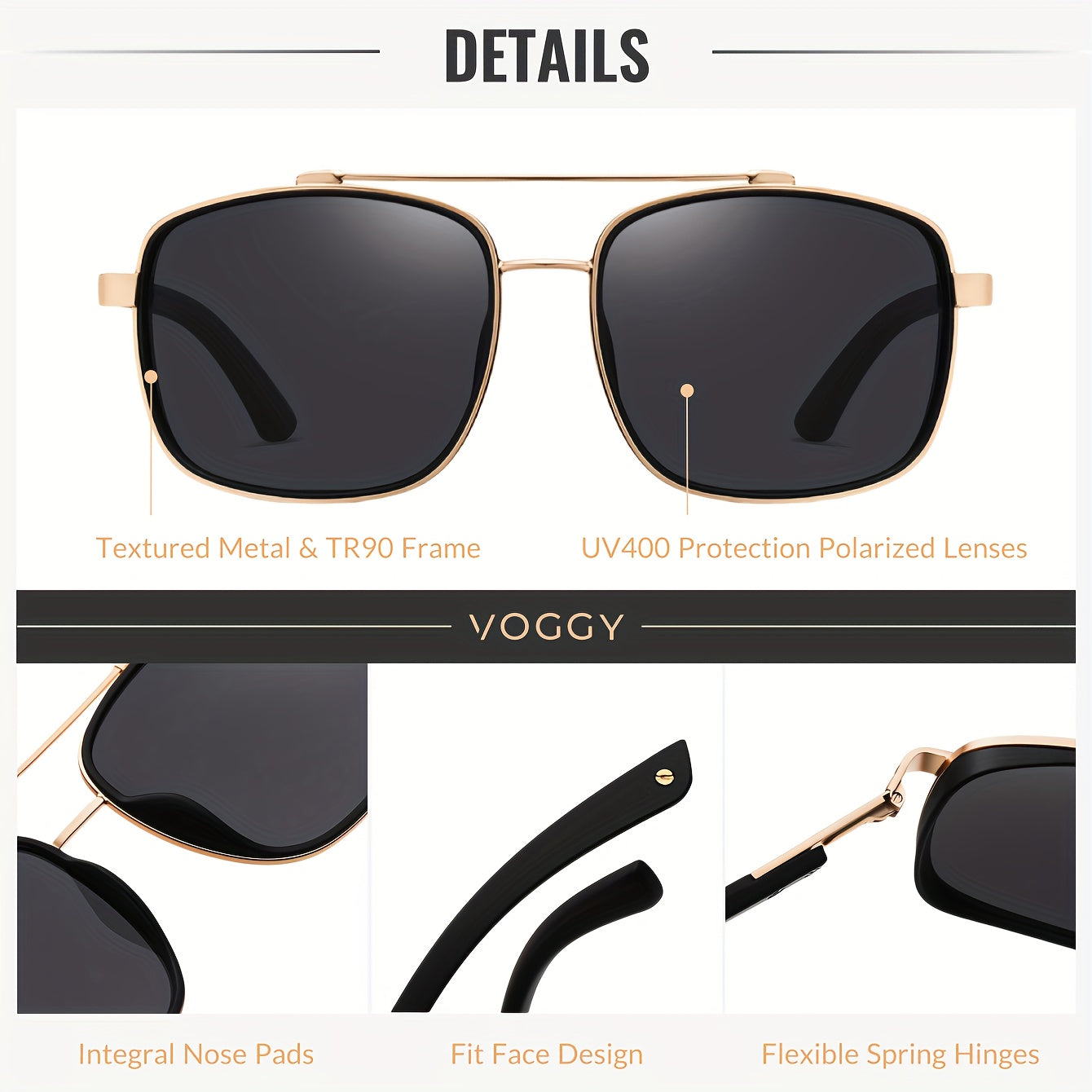 VOGGY Fashion Simple Retro Pilot Metal TR90 UV Protection Polarized Glasses