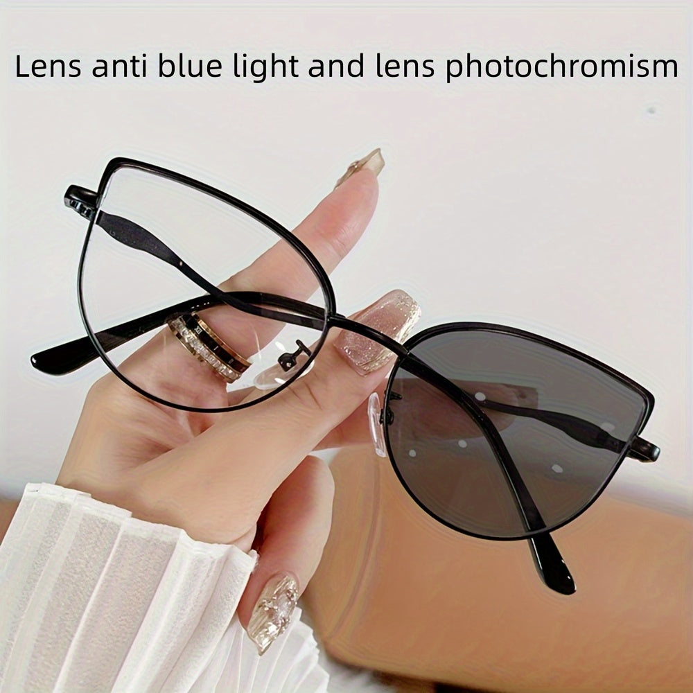 1 Pair Unisex Metal Cat Eye Glasses with Photochromic Lenses - Automatic UV Protection