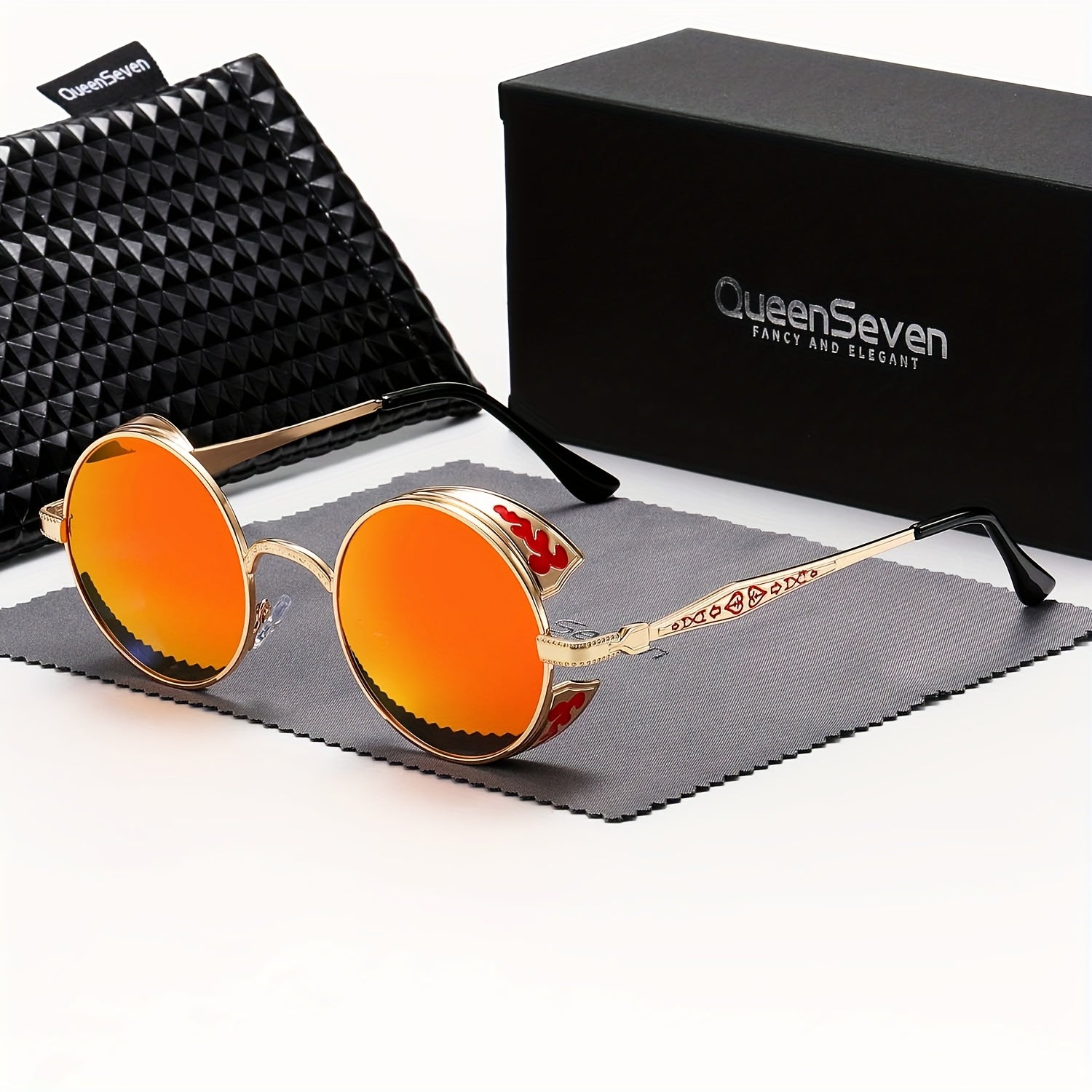QueenSeven Retro Punk Oversized Fashion Glasses for Men & Women - High-End Metal Frame Orange-Yellow Gradient Lenses