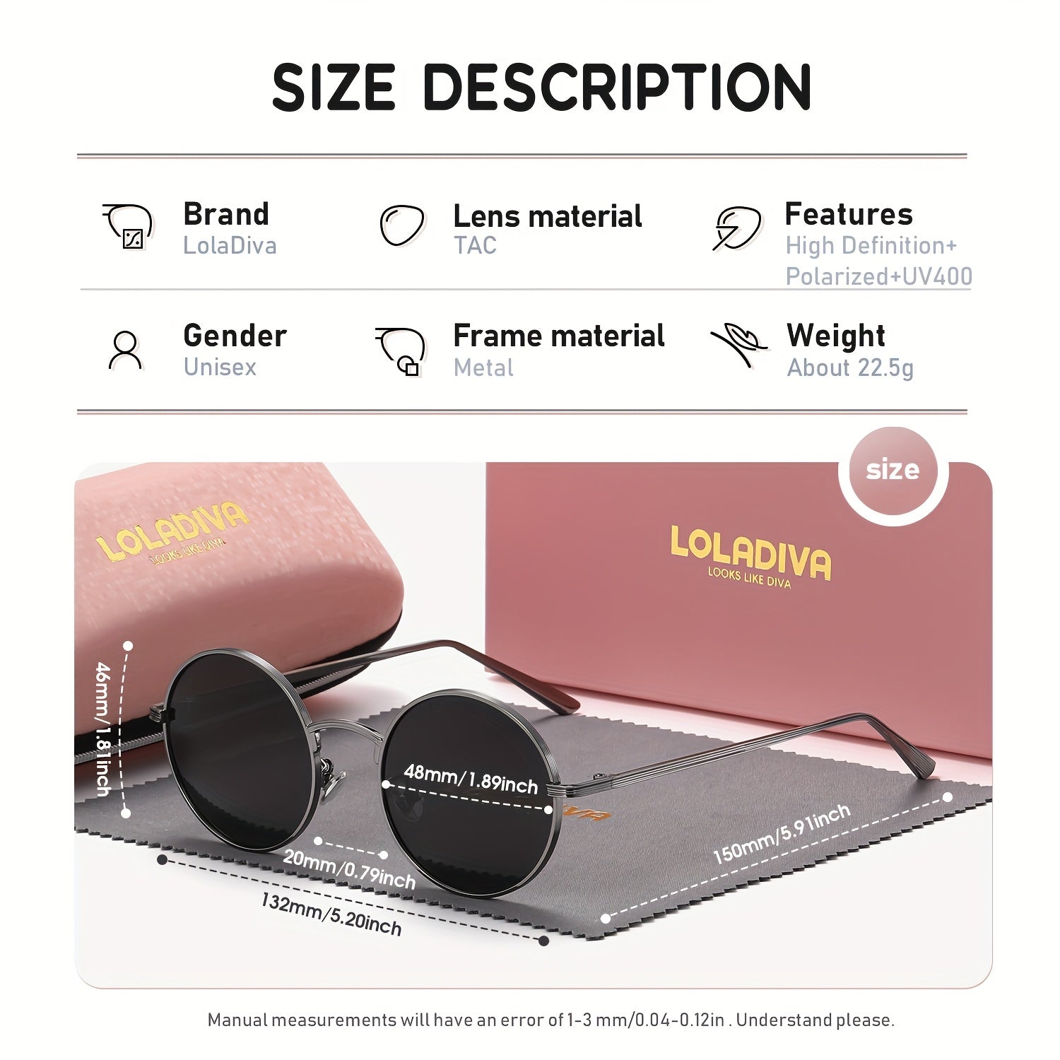 1 Pair LolaDiva UV400 Polarized Round Glasses, Full Frame TAC Lens, Zinc Alloy Frame