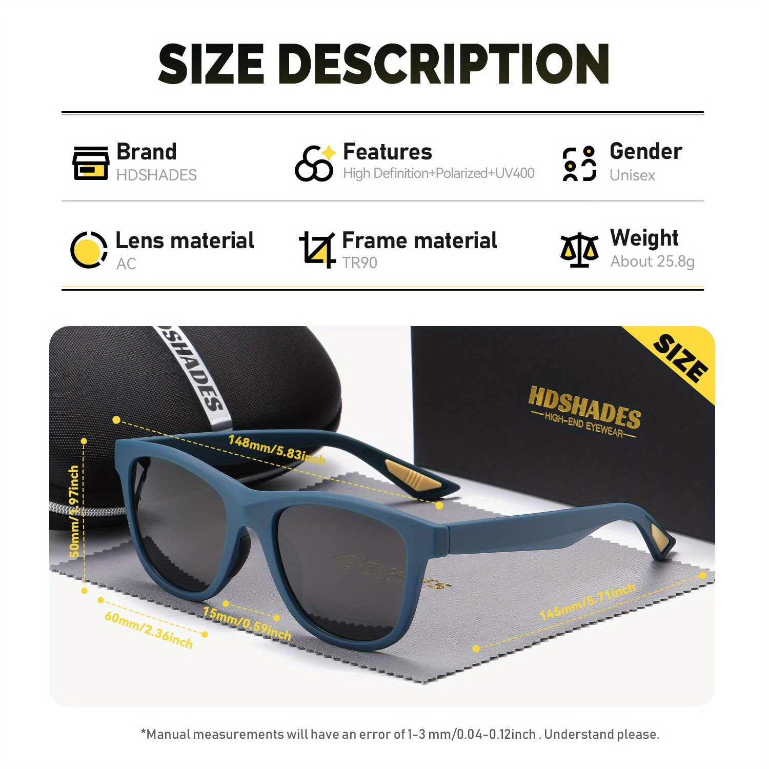 HDSHADES Unisex Trendy Stylish Full-Frame Polarized Glasses Square Rock Climbing Glasses UV400