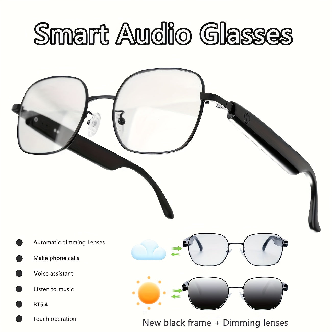 Color changing glasses smart glasses, indoor white anti-blue light, outdoor UV protection changes to black