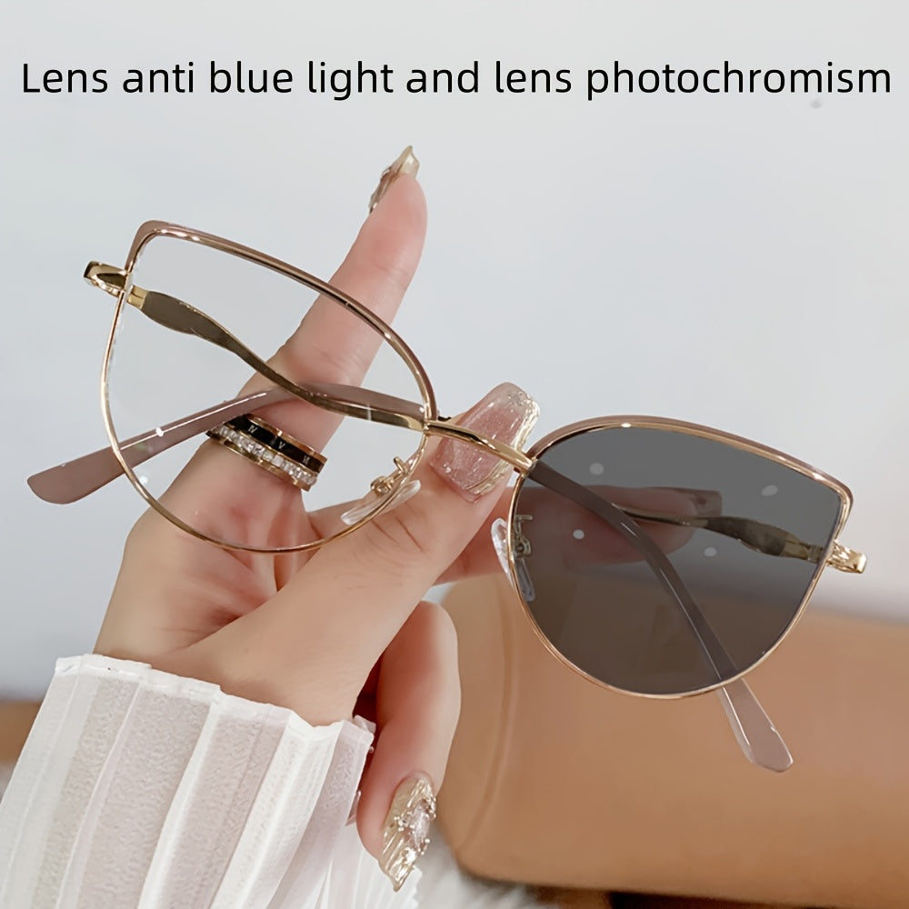 1 Pair Unisex Metal Cat Eye Glasses with Photochromic Lenses - Automatic UV Protection
