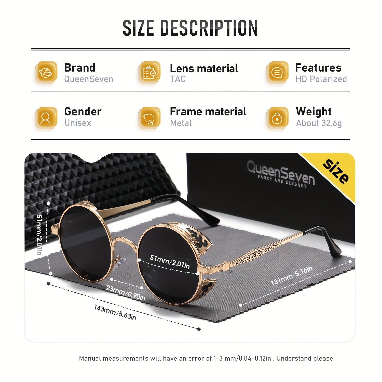 QueenSeven Retro Punk Oversized Fashion Glasses for Men & Women - High-End Metal Frame Orange-Yellow Gradient Lenses