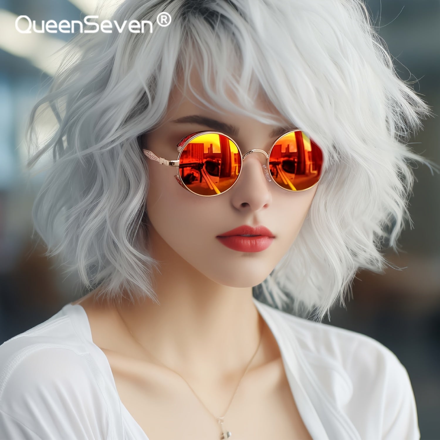QueenSeven Retro Punk Oversized Fashion Glasses for Men & Women - High-End Metal Frame Orange-Yellow Gradient Lenses