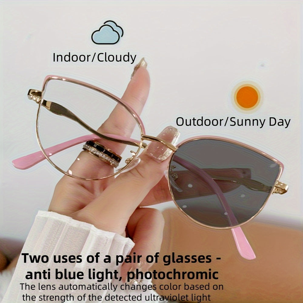 1 Pair Unisex Metal Cat Eye Glasses with Photochromic Lenses - Automatic UV Protection