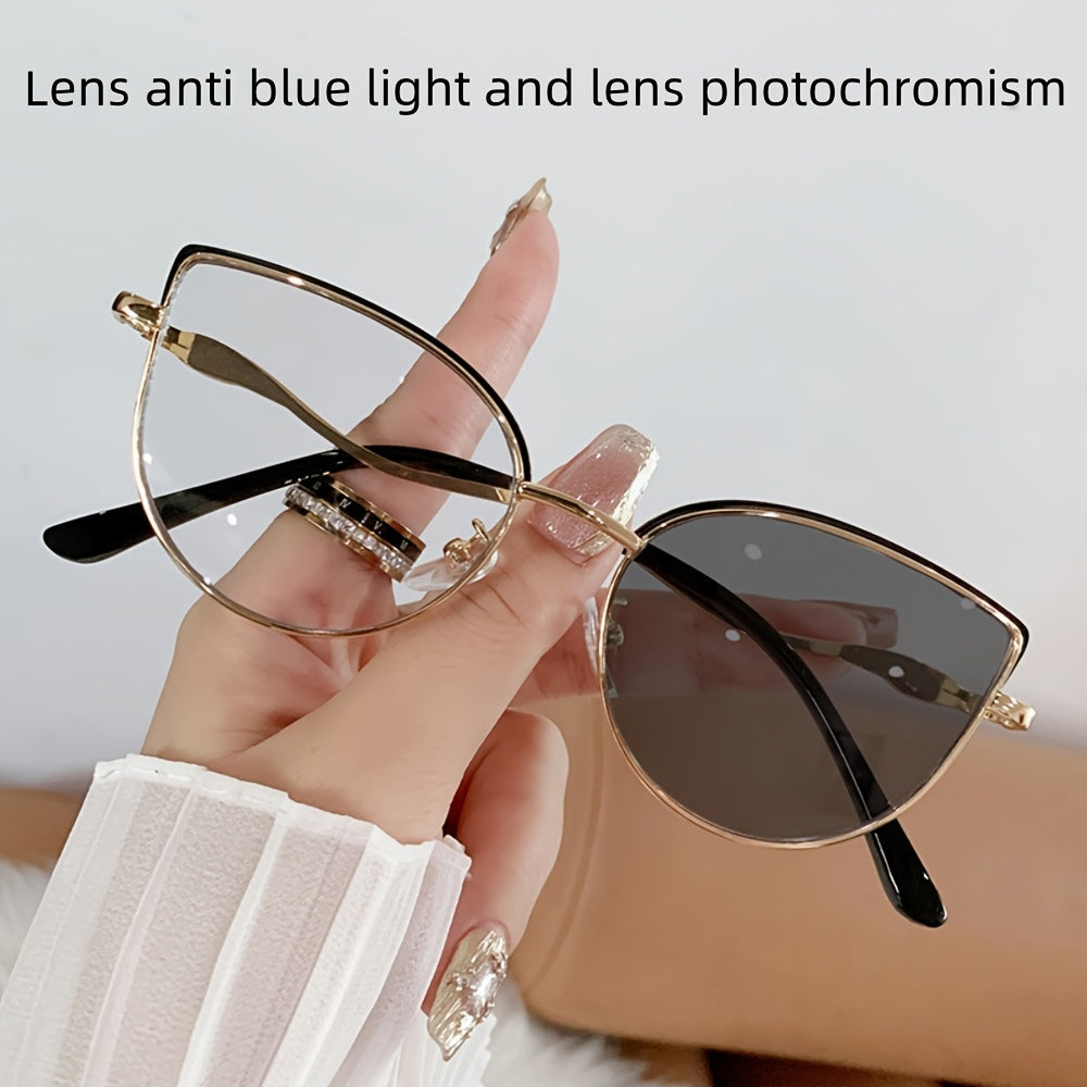 1 Pair Unisex Metal Cat Eye Glasses with Photochromic Lenses - Automatic UV Protection