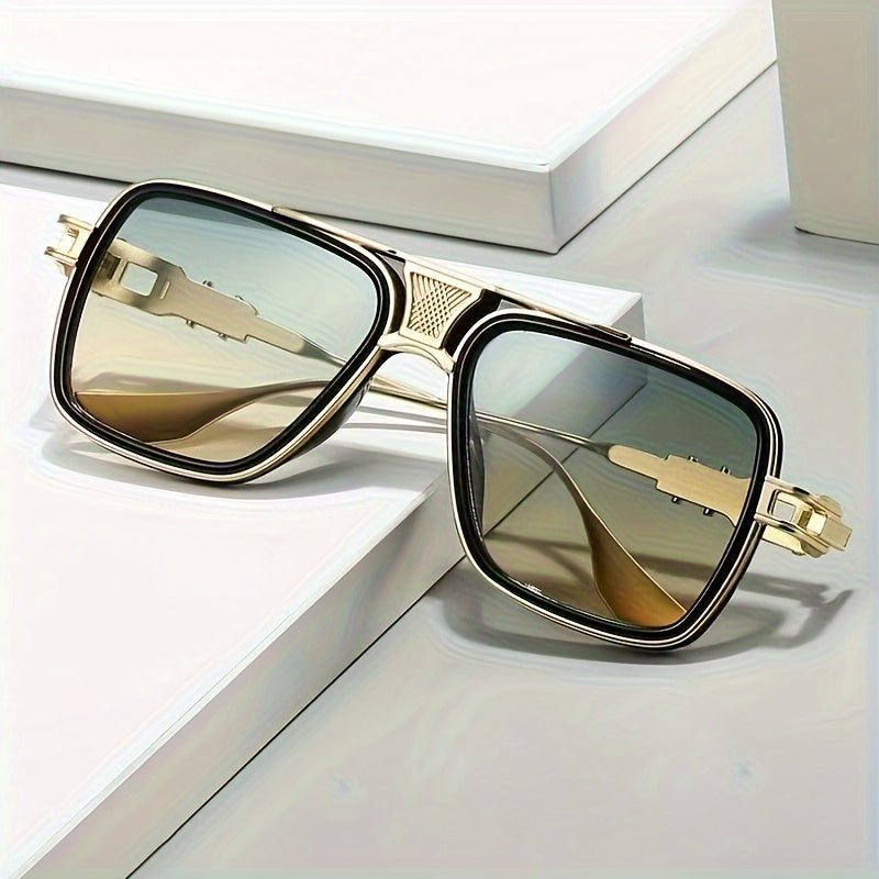 1 Pair Punk Style Square Glasses - Gray to Yellow Gradient Color-Changing Lenses, Oversized Square Frames