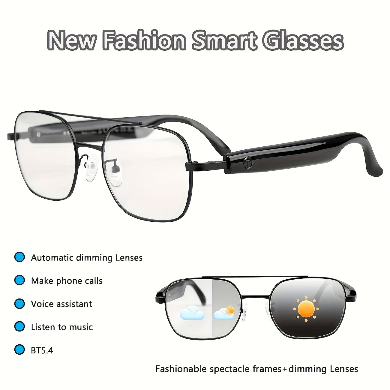 Color changing glasses smart glasses, indoor white anti-blue light, outdoor UV protection changes to black
