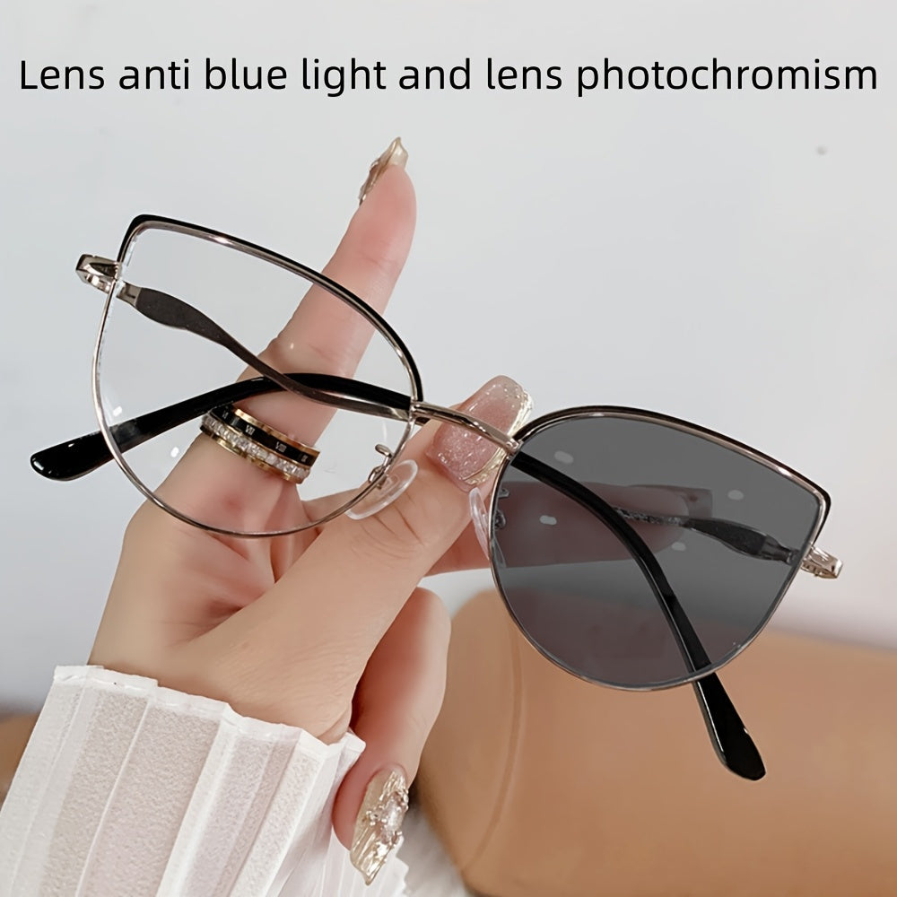 1 Pair Unisex Metal Cat Eye Glasses with Photochromic Lenses - Automatic UV Protection